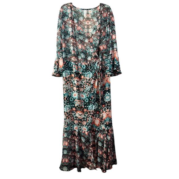 CACIQUE SWIM Cover-Up sz 26-28 Boho Floral Pattern Semi-Sheer Robe Maxi Tie Wrap - Picture 1 of 13